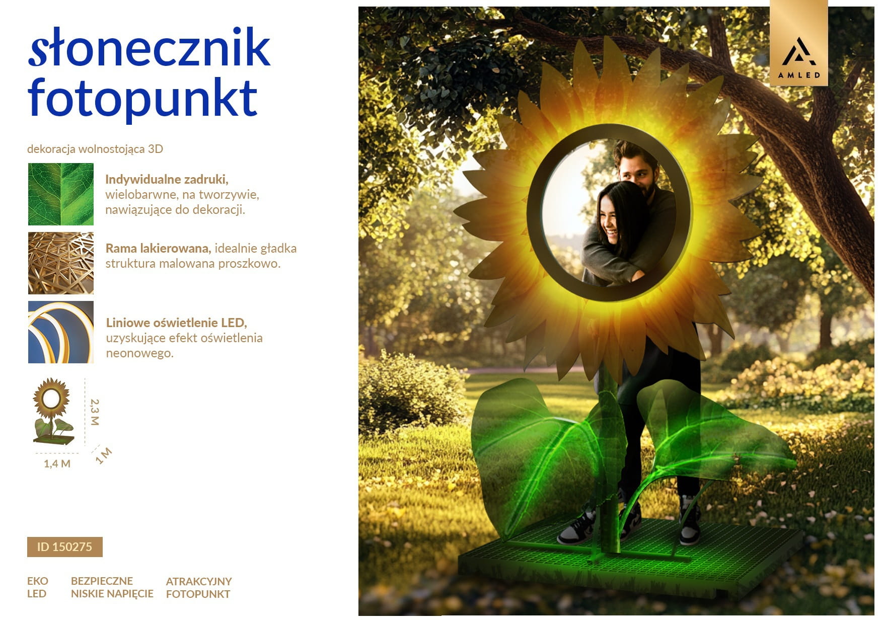 Słonecznik LED fotopunkt w formie dużego kwiatu z podświetlanymi płatkami, dekoracja parkowa do zdjęć ustawiona w zielonej przestrzeni miejskiej, przyciągająca uwagę ciepłym żółtym światłem i dekoracyjnymi liśćmi. ID 150275.
