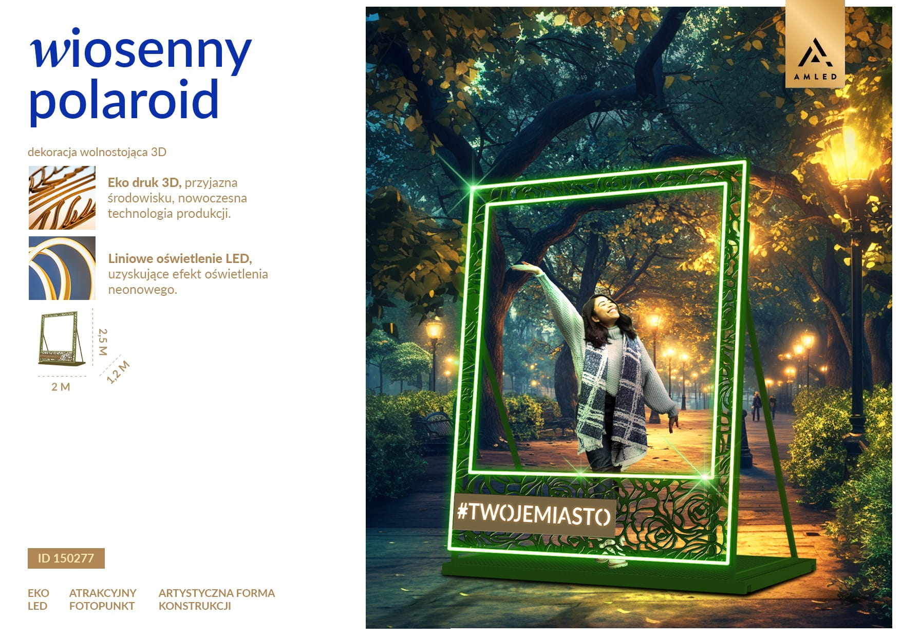 Wiosenny polaroid LED fotopunkt dekoracja 3D do parków i przestrzeni miejskich z podświetlaną zieloną ramą i miejscem na personalizację hashtag, atrakcyjna instalacja do zdjęć i promocji miasta. ID 150277.