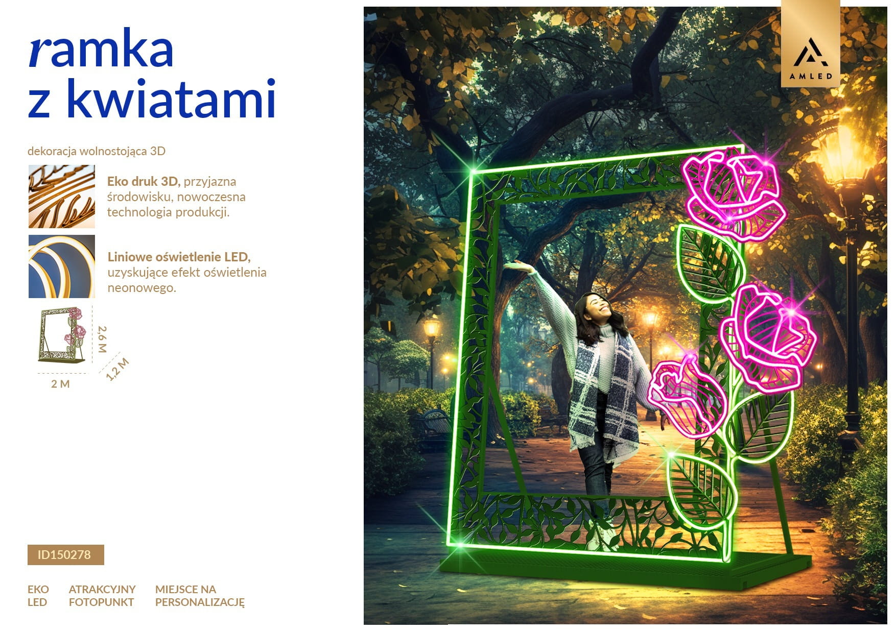 Ramka z kwiatami LED dekoracja 3D fotopunkt do parków i przestrzeni miejskich z podświetlaną konstrukcją i neonowymi różowymi kwiatami, atrakcyjna instalacja do zdjęć i personalizacji wydarzeń. ID 150278.