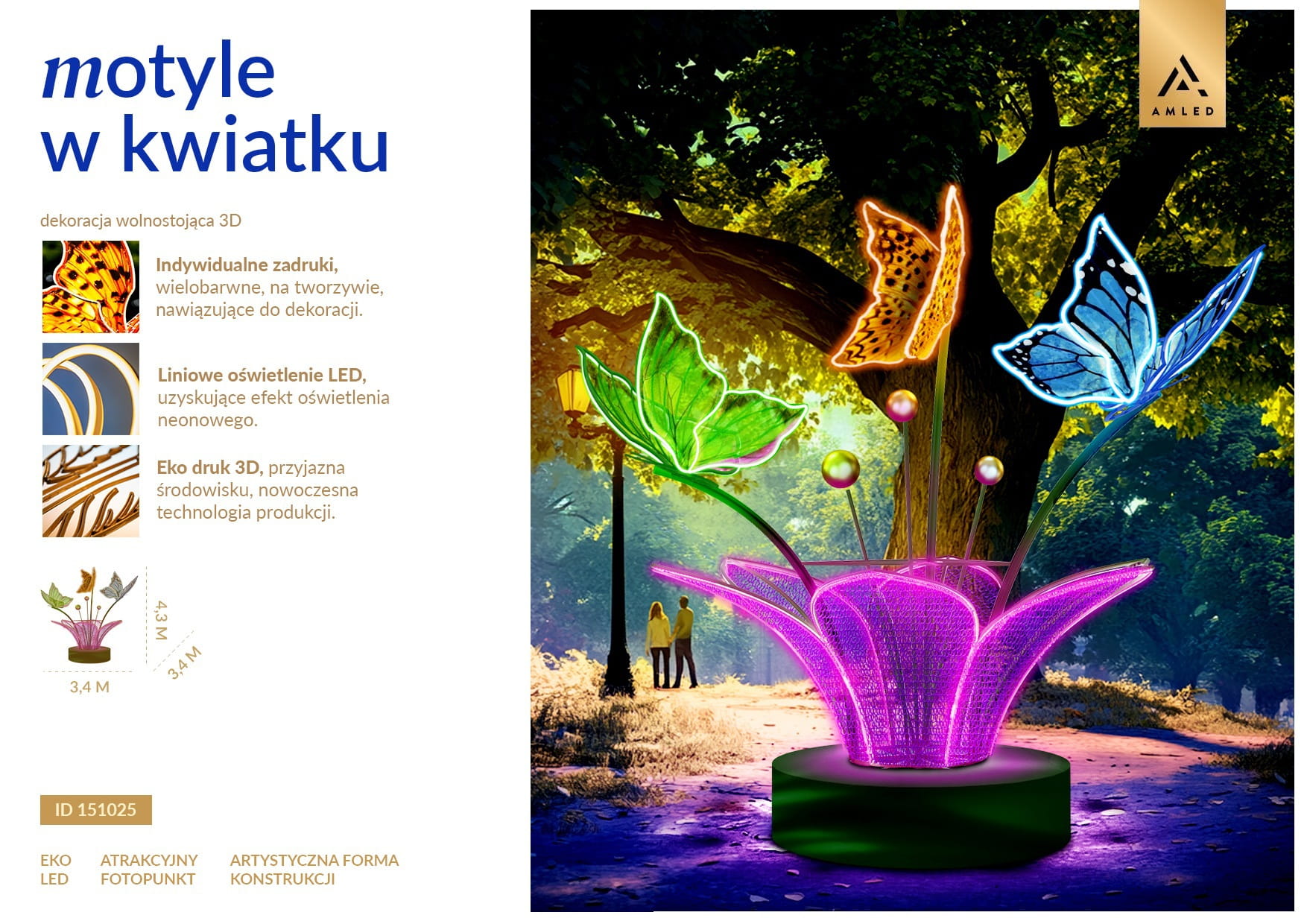 Motyle LED fotopunkt w formie dużego kwiatu z podświetlaną konstrukcją i kolorowymi skrzydłami, dekoracja parkowa do zdjęć ustawiona w zielonej przestrzeni miejskiej, przyciągająca uwagę intensywnymi barwami i efektem neonowego światła. ID 151025.