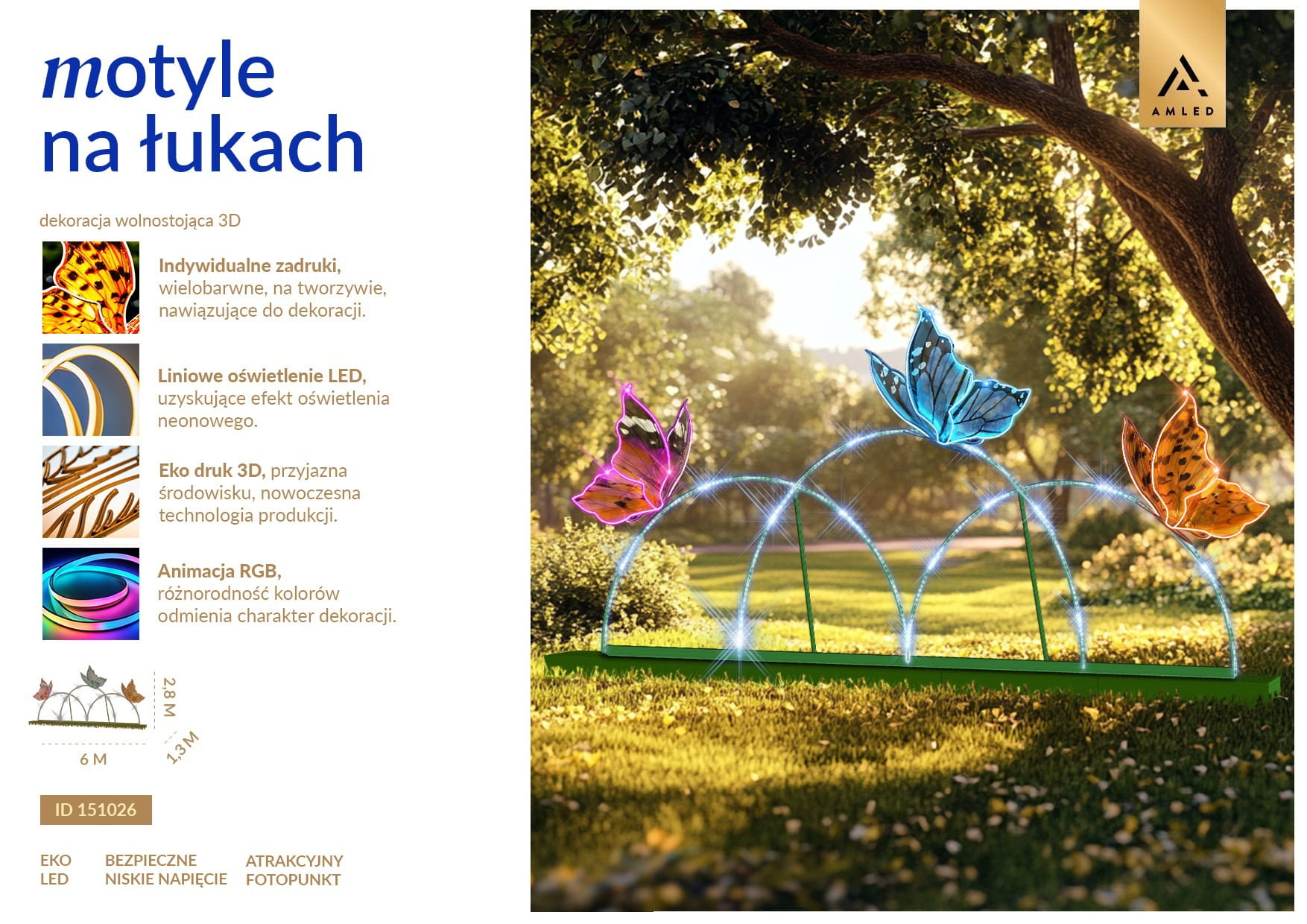 Motyle LED na łukach dekoracyjny fotopunkt z kolorowymi skrzydłami i świetlnymi łukami, instalacja parkowa do zdjęć ustawiona w zielonej przestrzeni, przyciągająca uwagę neonowym efektem i dynamiczną formą kompozycji. ID 151026.