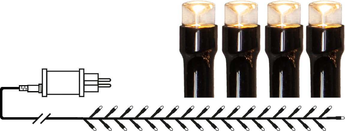 Schemat instalacji świetlnej z czarnym przewodem, pokazujący złącze zasilające, układ lampek i zbliżenie na zakończenia LED.