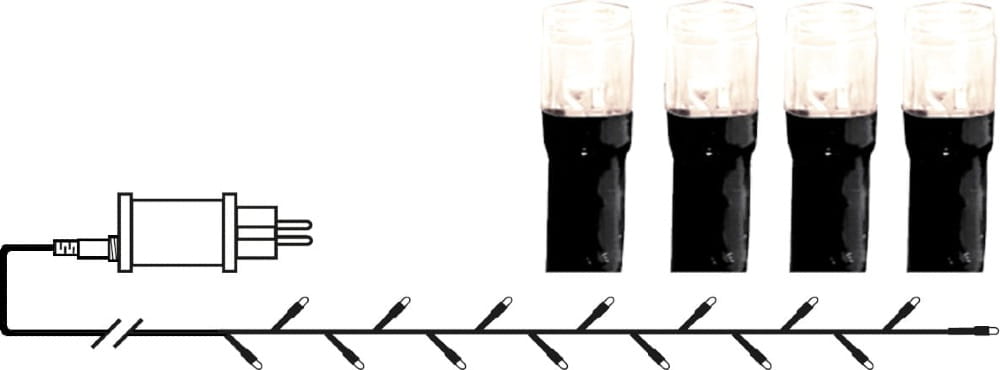 Rysunek wtyczki i układu lampek LED o ciepłej białej barwie, przedstawiający rozmieszczenie diod i podłączenie zasilania.