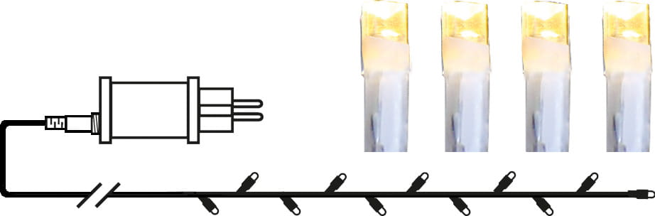 Schemat techniczny – lampki choinkowe LED 180 pkt na kablu transparentnym o odstępie 7 cm, ciepła biała barwa 3000 K, zasilanie sieciowe, zastosowanie wewnętrzne i zewnętrzne.