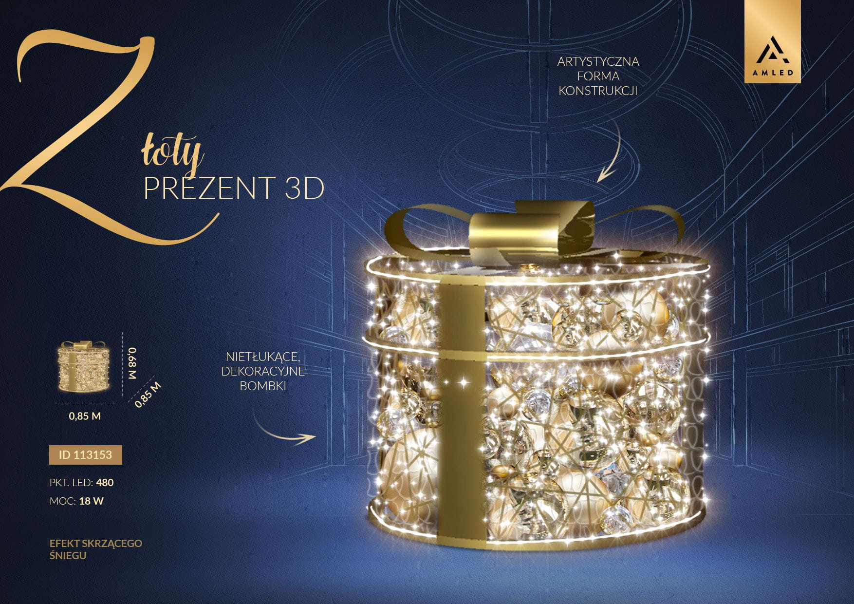 Infografika Złoty Prezent 3D o wysokości 0,85 m z 480 LED i efektem skrzącego śniegu, udekorowany złotymi i srebrnymi bombkami.