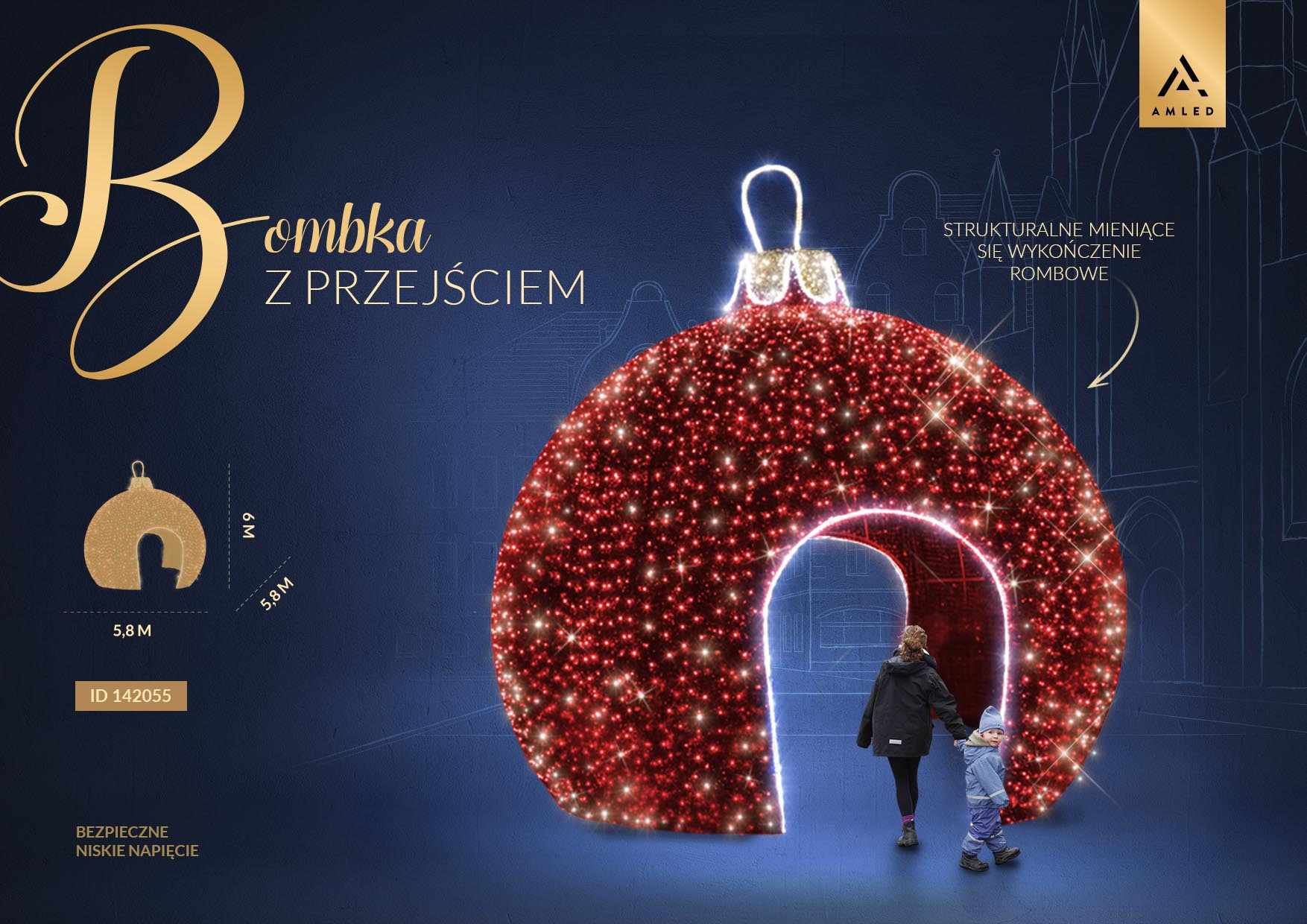 Infografika bombki 3D z przejściem w kolorze czerwonym, dekoracja LED 6 m wysokości i 5,8 m szerokości, opis efektu rombowego wykończenia i parametrów.