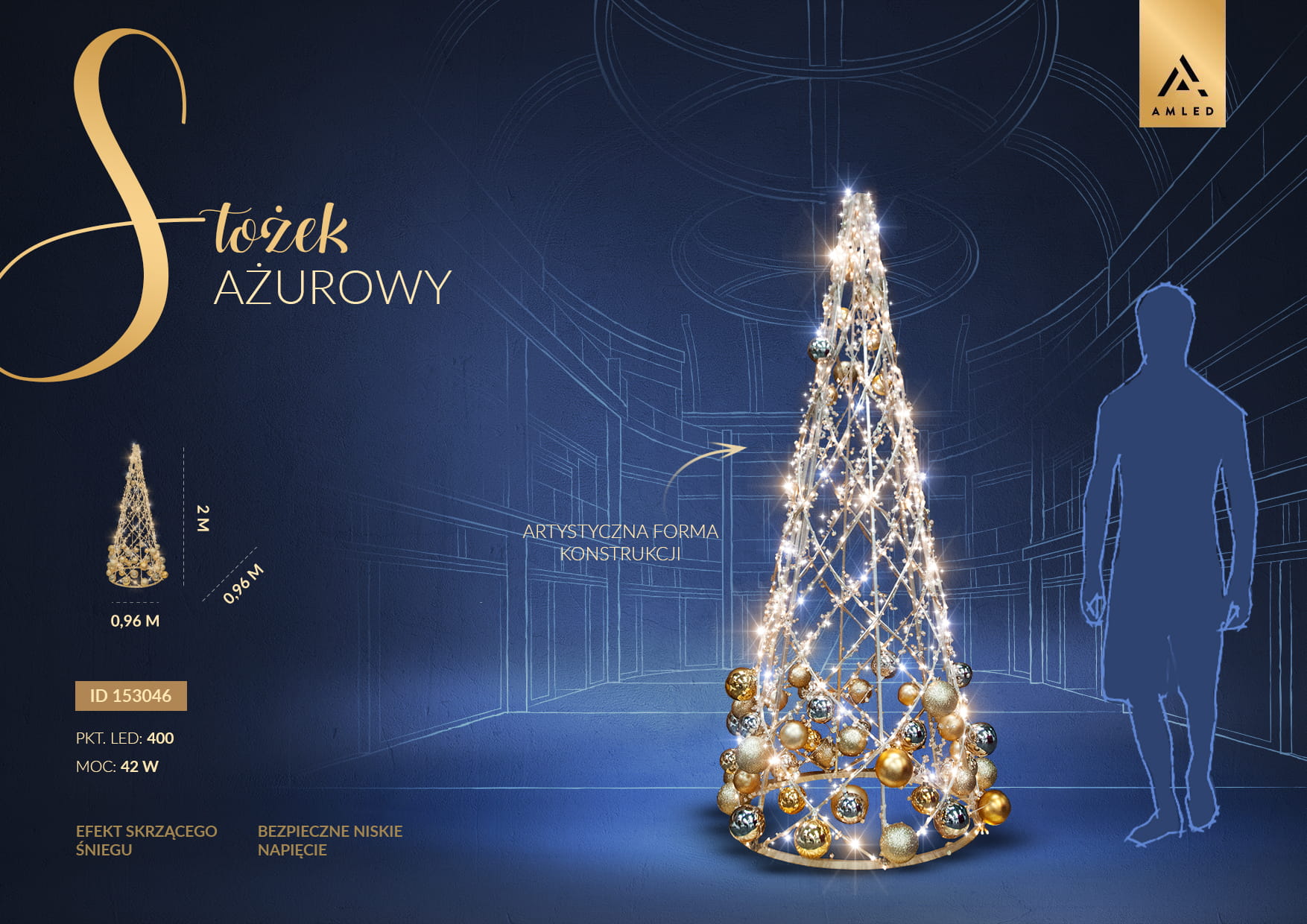 Dekoracja świąteczna w formie ażurowego stożka o wysokości 2 metrów, zbudowana z krzyżujących się metalowych linii i ozdobiona licznymi punktami LED oraz kulami w złotej i srebrnej kolorystyce, prezentowana na tle szkicu miejskiego wnętrza.