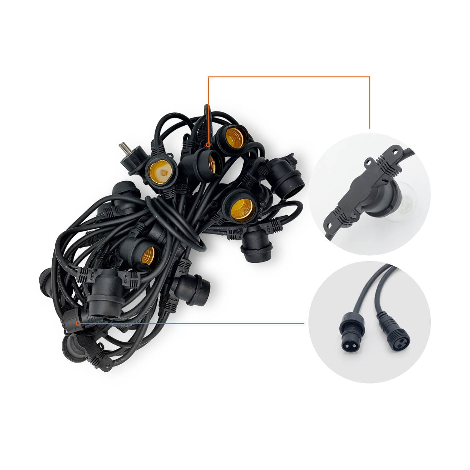 Zwinięta girlanda modułowa MIMOSA z oprawkami E27, czarnym przewodem oraz wtyczką zasilającą. Widoczne gniazda i elementy systemu modułowego.