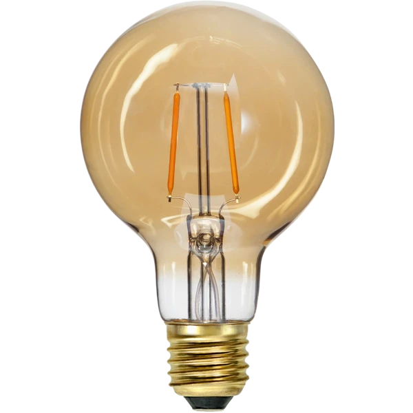 Żarówka LED G80 o mocy 0,75W i barwie 2000K z bursztynowym szkłem, przeznaczona do girland ogrodowych z oprawką E27.