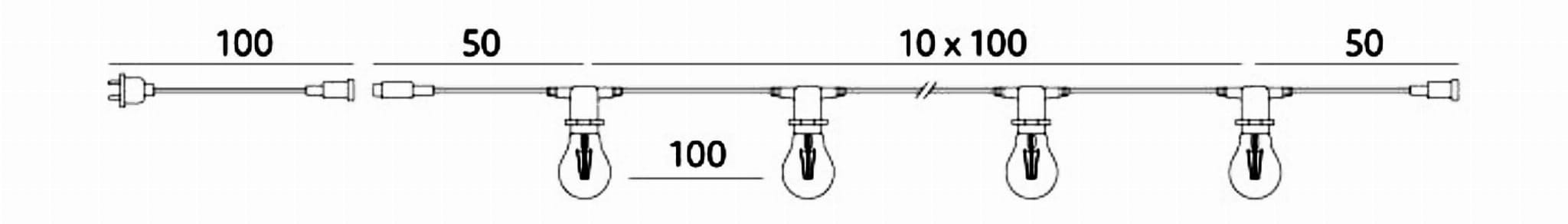 Schemat techniczny girlandy MIMOSA pokazujący długość przewodu, rozstaw oprawek E27 oraz elementy zasilania i łączenia modułowego.