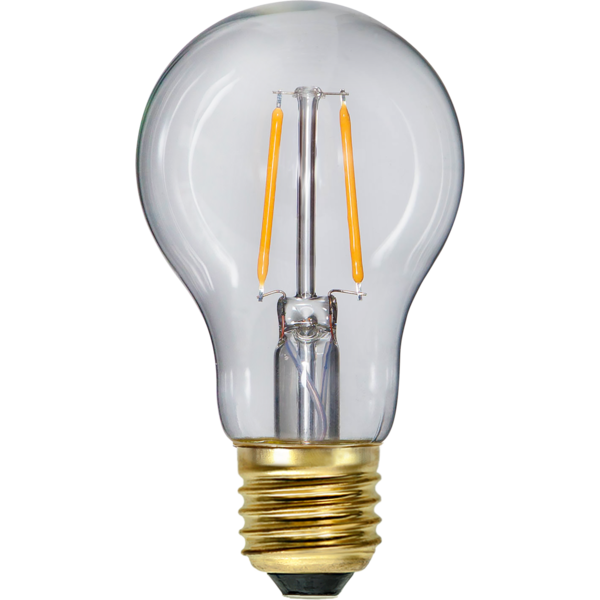 Żarówka LED A60 Soft Glow E27 o bardzo ciepłej barwie światła 2100K. Przezroczysta bańka i widoczne filamenty LED przeznaczone do girland dekoracyjnych.