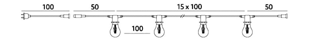 Schemat techniczny girlandy MIMOSA pokazujący długość przewodu, rozstaw oprawek E27 oraz elementy zasilania i łączenia modułowego.