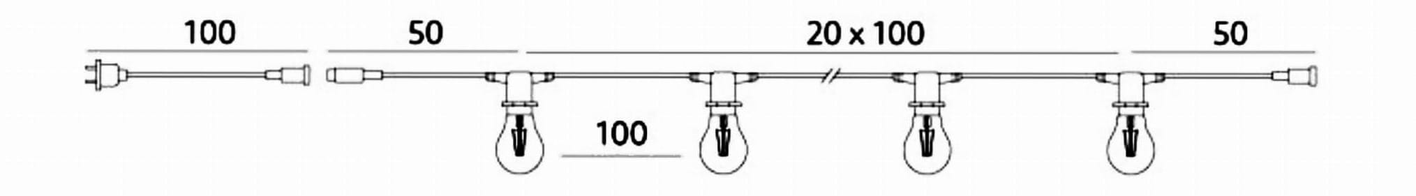 Schemat techniczny girlandy MIMOSA pokazujący długość przewodu, rozstaw oprawek E27 oraz elementy zasilania i łączenia modułowego.
