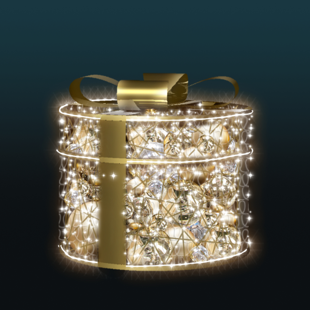 Złoty Prezent 3D w złotej kolorystyce z dekoracyjnymi bombkami i wstęgą, podświetlony ciepłym światłem LED.