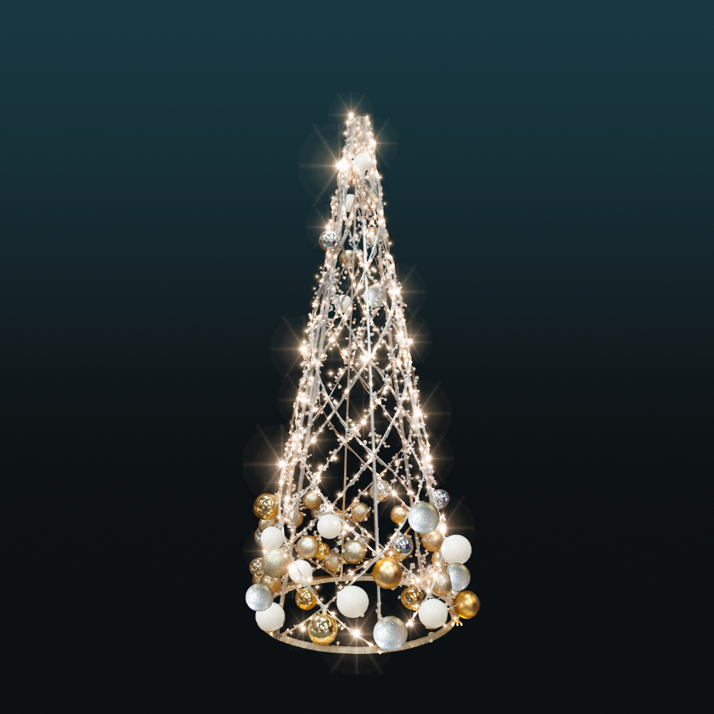 Świąteczna dekoracja w formie stożka ażurowego z jasną iluminacją LED, ozdobiona kulami w odcieniach bieli, złota i srebra, ustawiona na ciemnym tle dla podkreślenia efektu świetlnego.