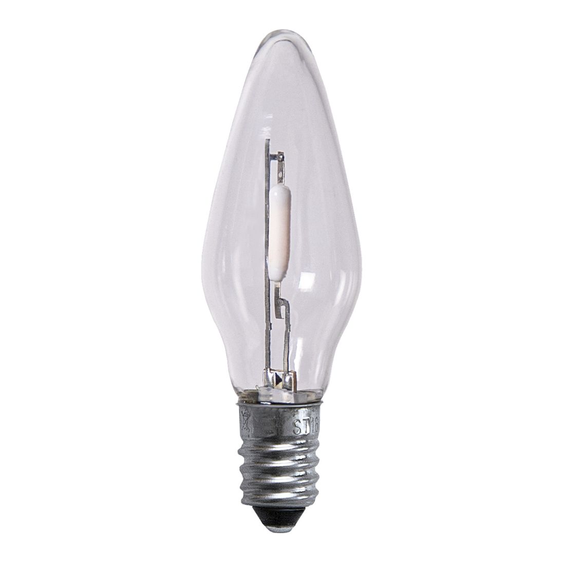 Żarówka LED w kształcie świeczki z przezroczystego szkła, wyłączona. Widoczny pojedynczy element LED wewnątrz oraz metalowy gwint E10, całość na białym tle.