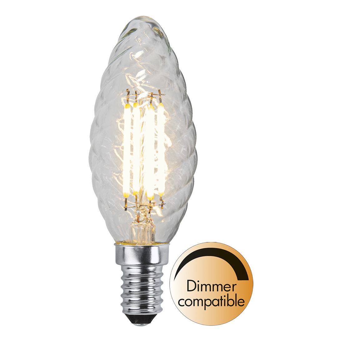 Żarówka LED E14 C35 z dekoracyjnym, skręconym szkłem, cztery filamenty LED, ciepłe białe światło, kompatybilna ze ściemniaczem.