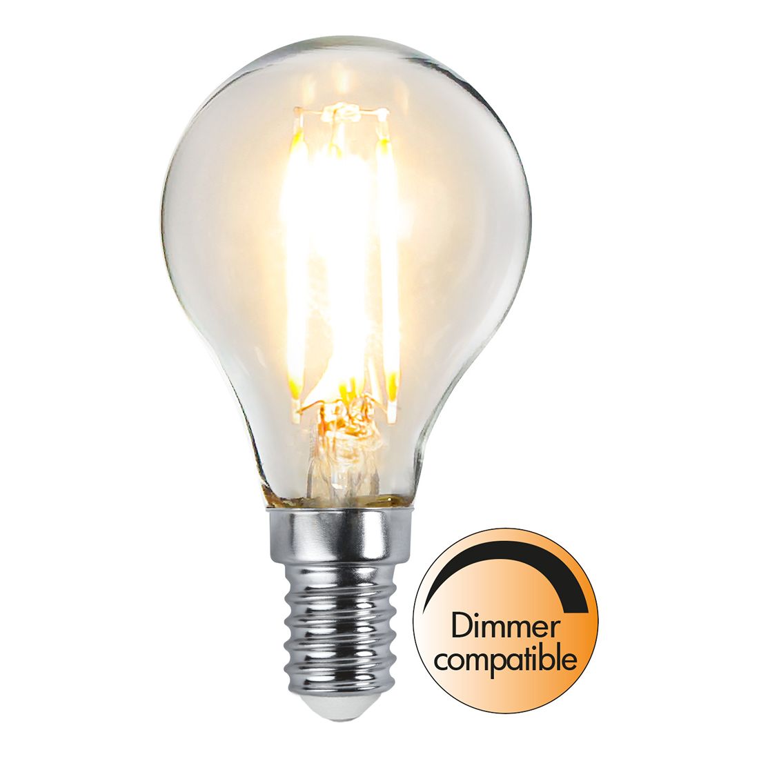 Żarówka LED E14 mini globe z dwoma filamentami, ciepłe białe światło, przezroczysta bańka, kompatybilna ze ściemniaczem.