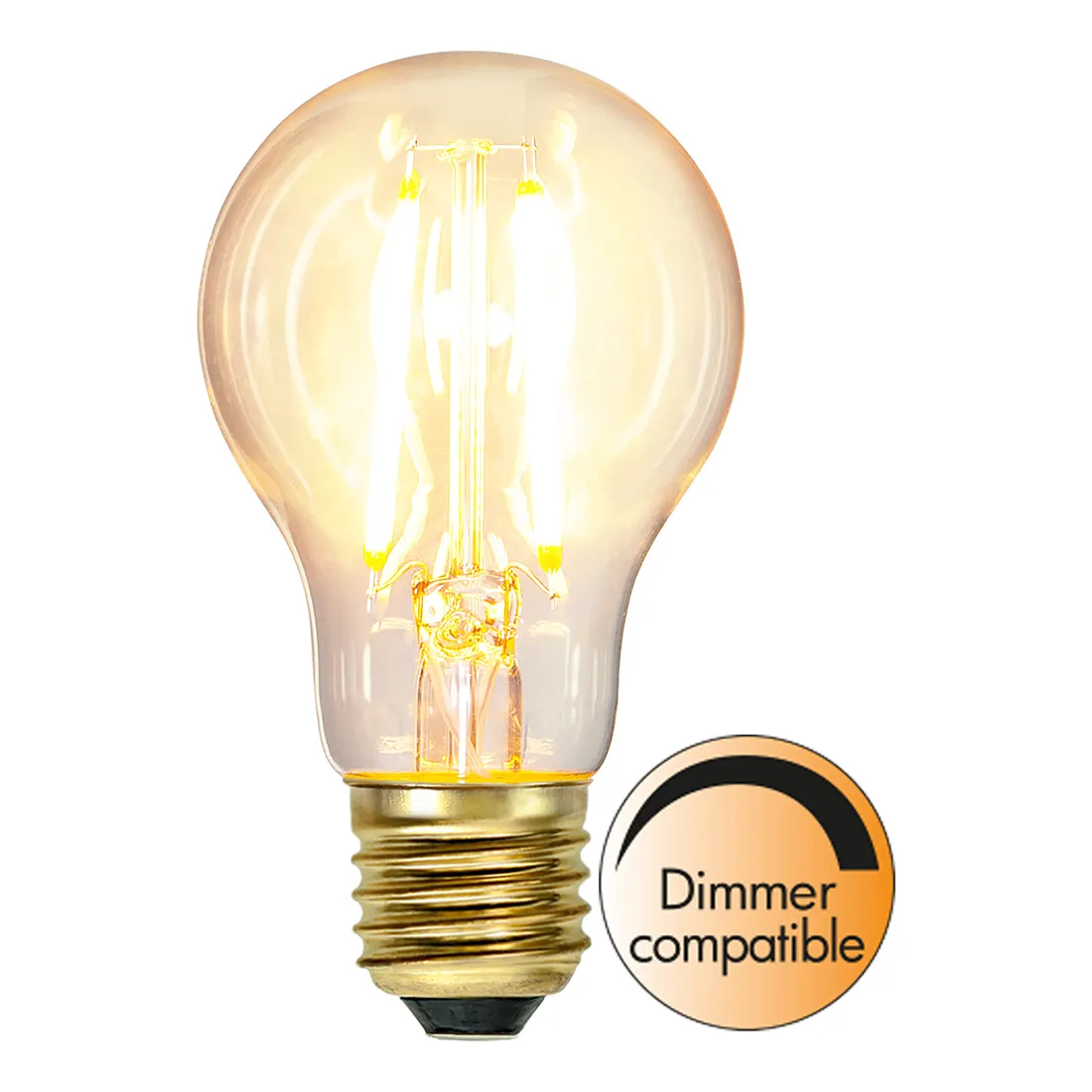Żarówka LED A60 z gwintem E27, bursztynowe szkło, widoczne filamenty LED, ciepłe światło 2100K. Obok żarówki ikona z napisem „Dimmer compatible” informująca o kompatybilności ze ściemniaczem.