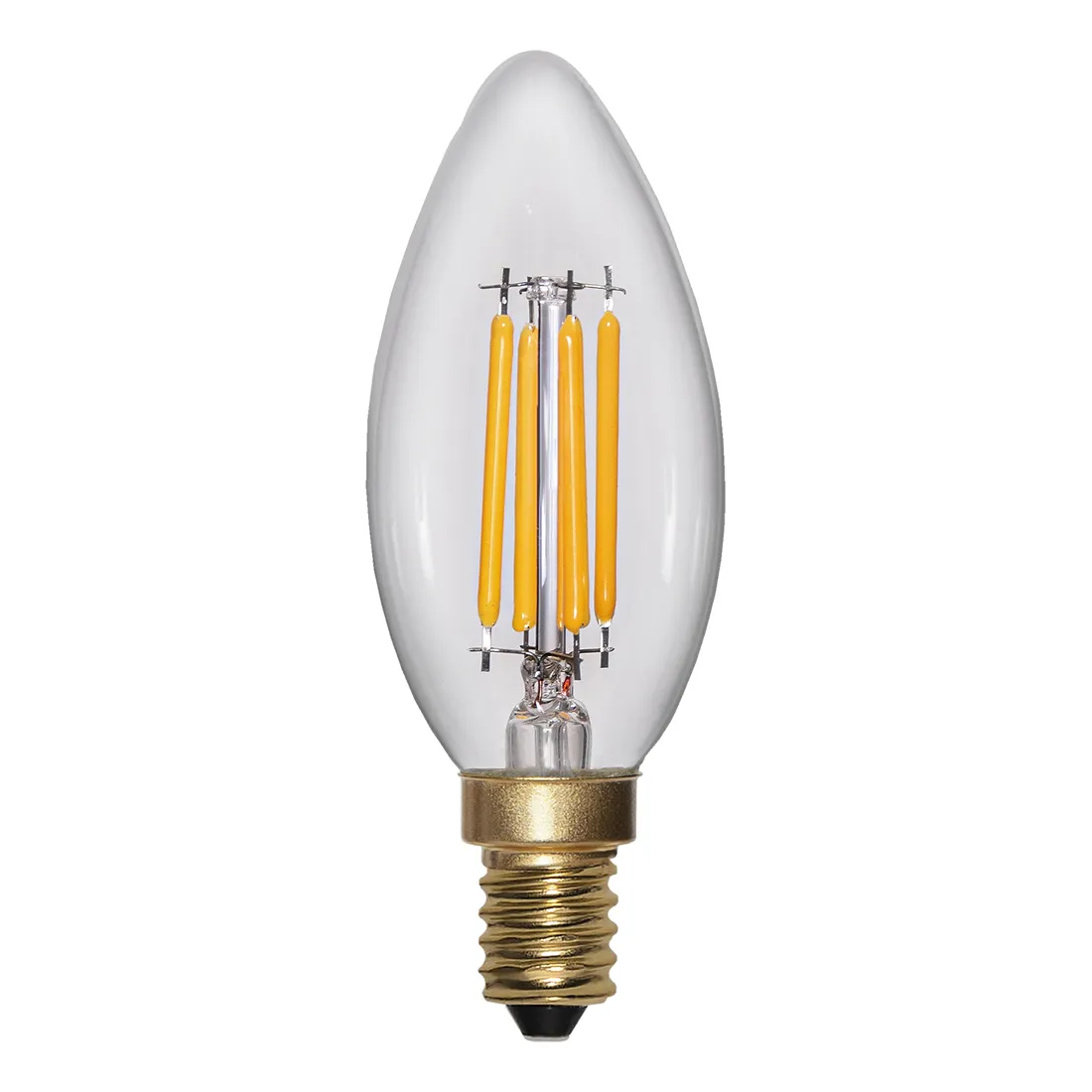 Żarówka LED C35 z gwintem E14, przezroczyste szkło i cztery pionowe filamenty LED w kolorze bursztynowym, widoczne w stanie wyłączonym. Klasyczny kształt świeczki i estetyczne wykończenie.