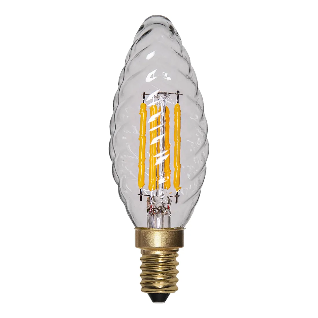 Żarówka LED TC35 z gwintem E14, przezroczyste szkło o skręconej strukturze, widoczne cztery pionowe filamenty LED w kolorze bursztynowym.