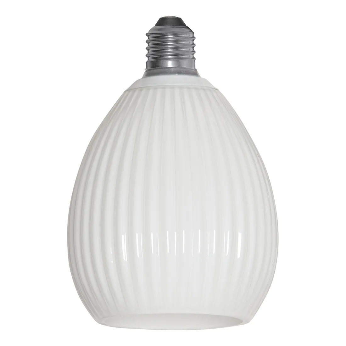 Żarówka LED E27 Decoled Dream z białym, ryflowanym szkłem w kształcie kropli. Widok z przodu w stanie wyłączonym.