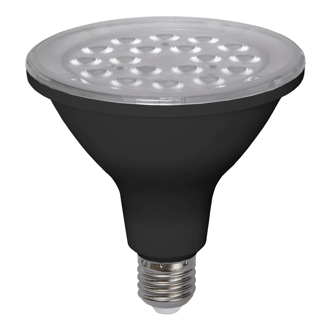 Żarówka LED PAR38 E27 w czarnej obudowie, widok z przodu, lampa nieświecąca.