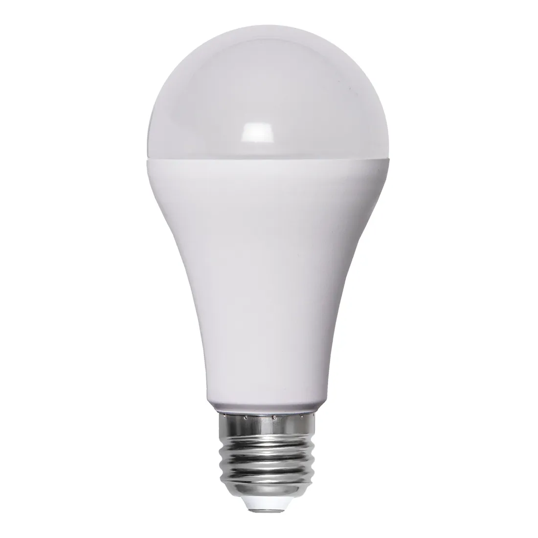 Żarówka LED A65 z mleczną kopułą i trzonkiem E27, widoczna w stanie wyłączonym, na białym tle.