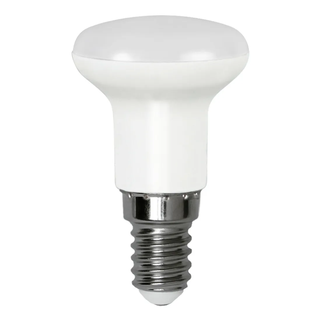 Żarówka LED E14 R39 z mleczną kopułką, widok z przodu na białym tle – produkt w stanie wyłączonym.