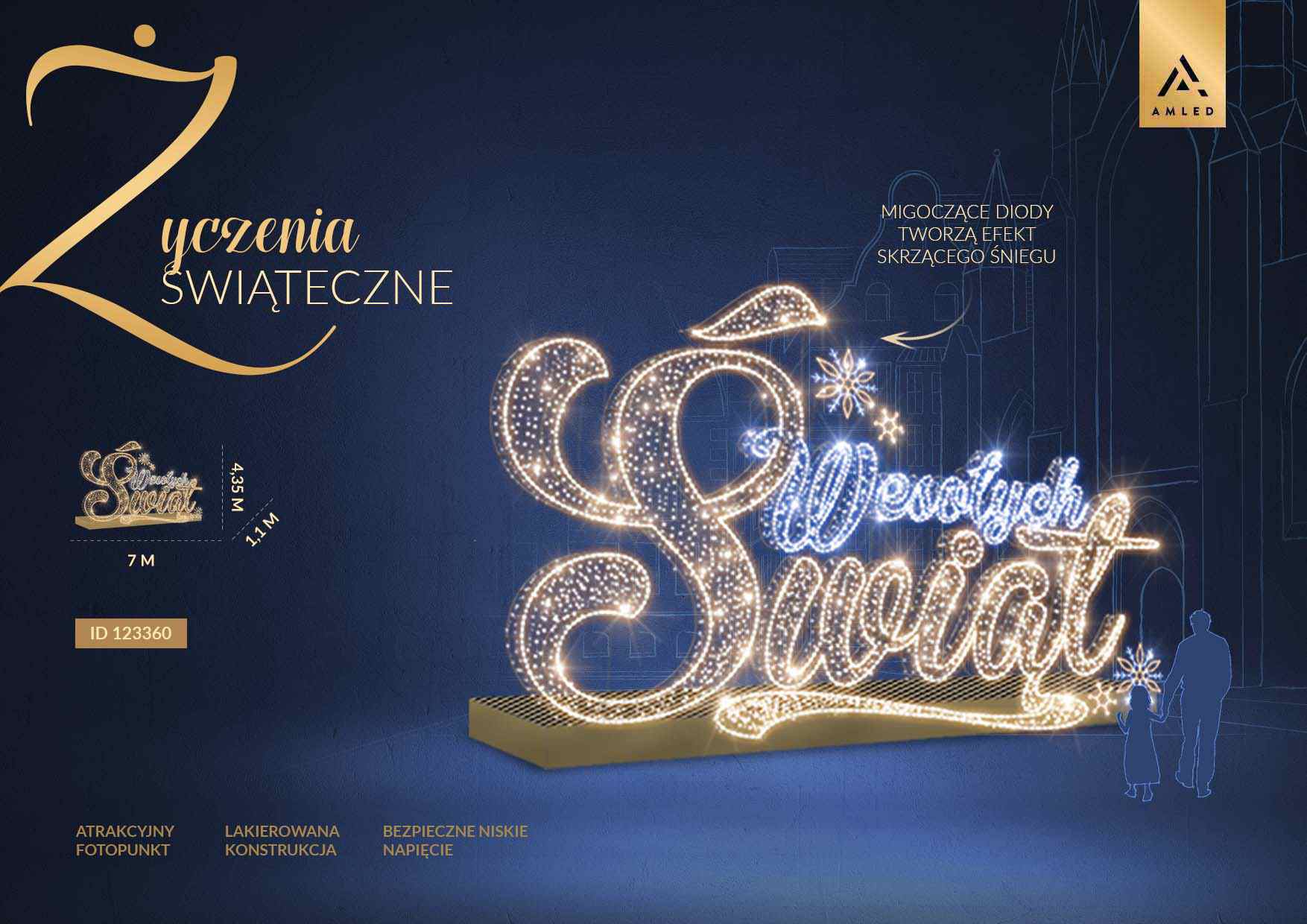 Duża dekoracja LED z napisem „Wesołych Świąt” o wysokości ponad 4 metrów, wykonana z gęsto rozmieszczonych punktów świetlnych na konstrukcji w kolorze złotym i białym.