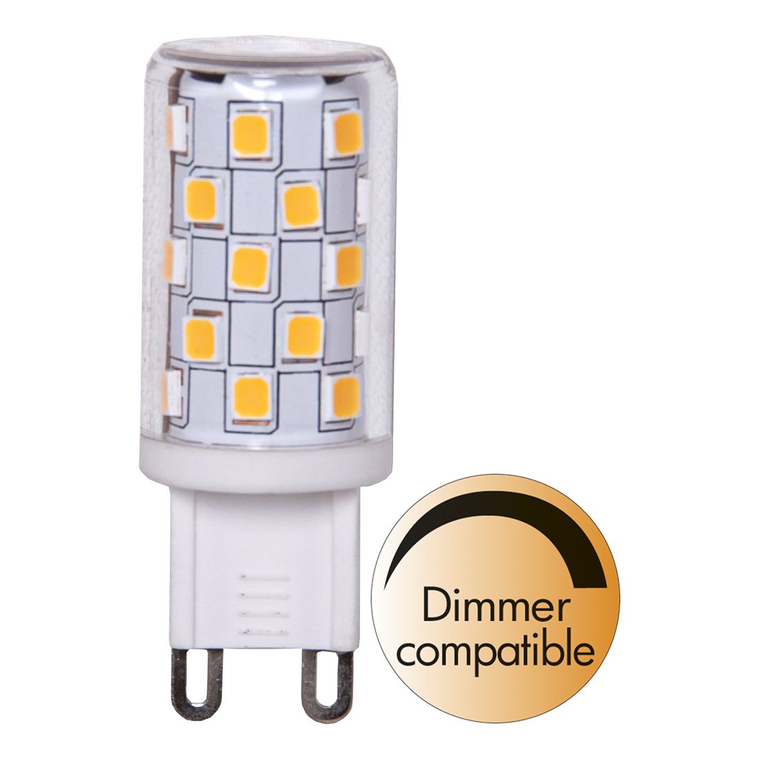 Żarówka LED G9 z diodami SMD w przezroczystej obudowie oraz oznaczeniem dimmer compatible, trzonek pętlowy.