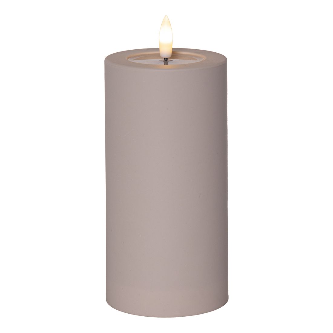 Pojedyncza beżowa świeca LED w kształcie walca z migoczącym płomykiem na białym tle.