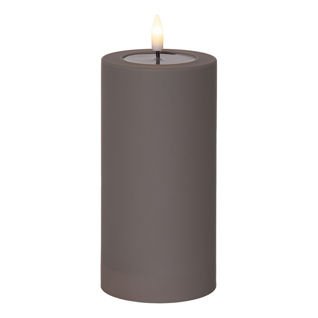 Pojedyncza szara świeca LED w kształcie walca z migoczącym płomykiem na białym tle.