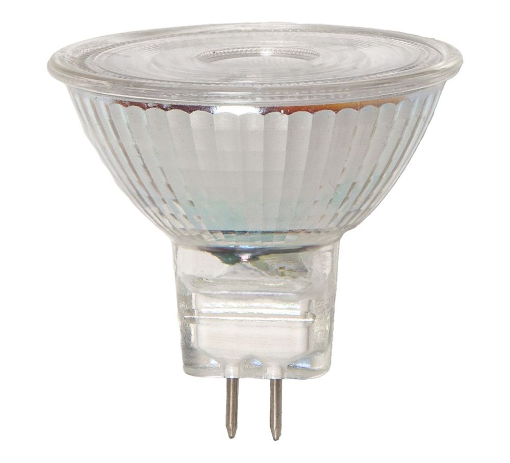 Żarówka halogenowa MR16 GU5.3 z przezroczystym reflektorem oraz oznaczeniem dimmer compatible.