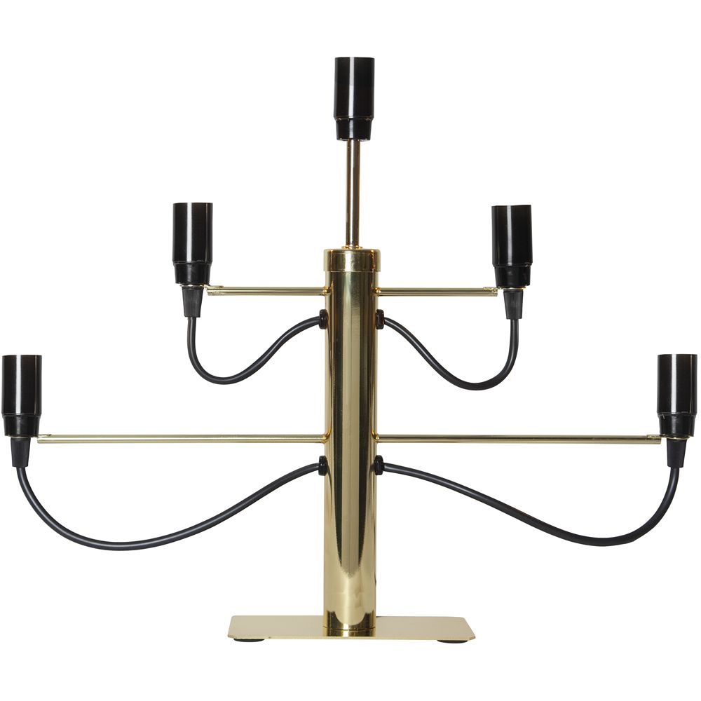 Świecznik elektryczny w kolorze mosiężnym z pięcioma ramionami i czarnymi oprawkami na żarówki, widok produktowy na białym tle.