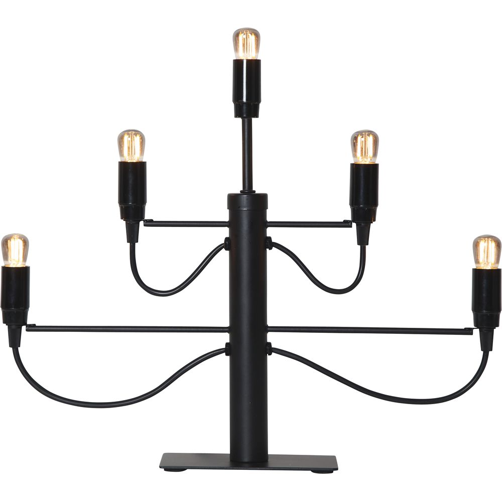 Czarno-matowy świecznik elektryczny z pięcioma żarówkami LED, widok produktowy na białym tle.