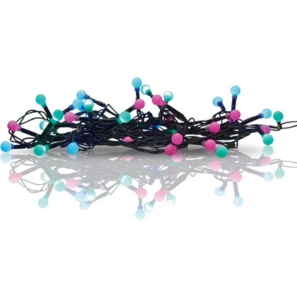 Girlanda świetlna LED z kolorowymi kulkami w odcieniach różu, błękitu i turkusu na czarnym przewodzie, dekoracja świąteczna i do wnętrz.