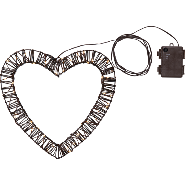 Dekoracja świetlna LED w formie serca ze sztucznego ratanu z wplecionymi ciepłymi diodami, z przewodem i modułem zasilania, przedstawiona na białym tle.