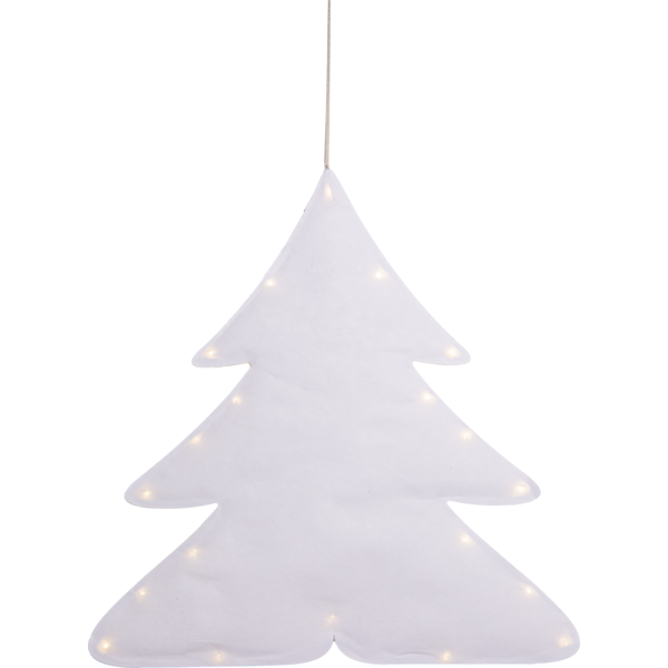 Biała dekoracja LED w kształcie choinki, podświetlana ciepłym światłem, przedstawiona na białym tle.