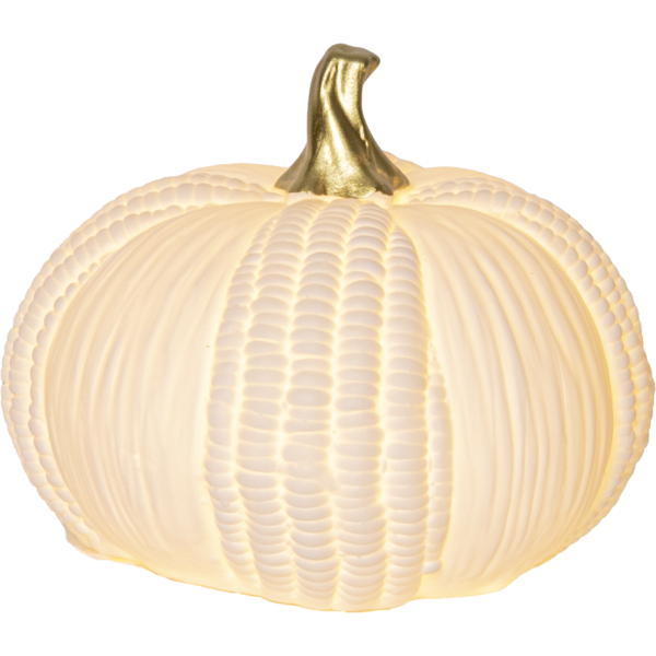 Biała ceramiczna dekoracja LED w formie dyni, świecąca ciepłym światłem; widok na jednolitym tle, widoczna struktura powierzchni i delikatna, złota łodyżka.