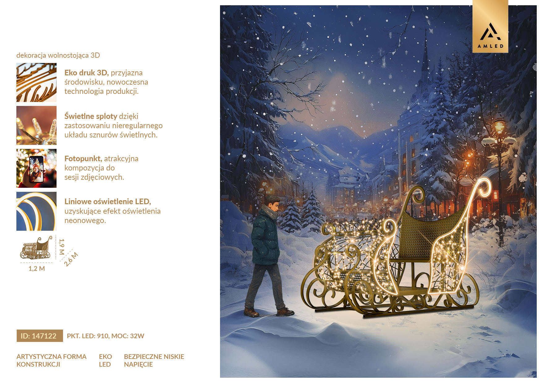 Infografika iluminacji świątecznej Złote Sanie 3D LED – dekoracja wolnostojąca o wysokości 1,2 m i długości 2,6 m, wykonana w technologii NEON LED i eko druku 3D, 910 punktów świetlnych, moc 32 W.