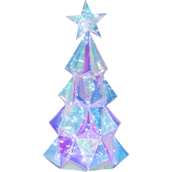 Choinka LED o geometrycznej formie z przezroczystych segmentów i wielobarwnym podświetleniem, zwieńczona gwiazdą, przedstawiona na jednolitym tle jako dekoracja do wnętrz.