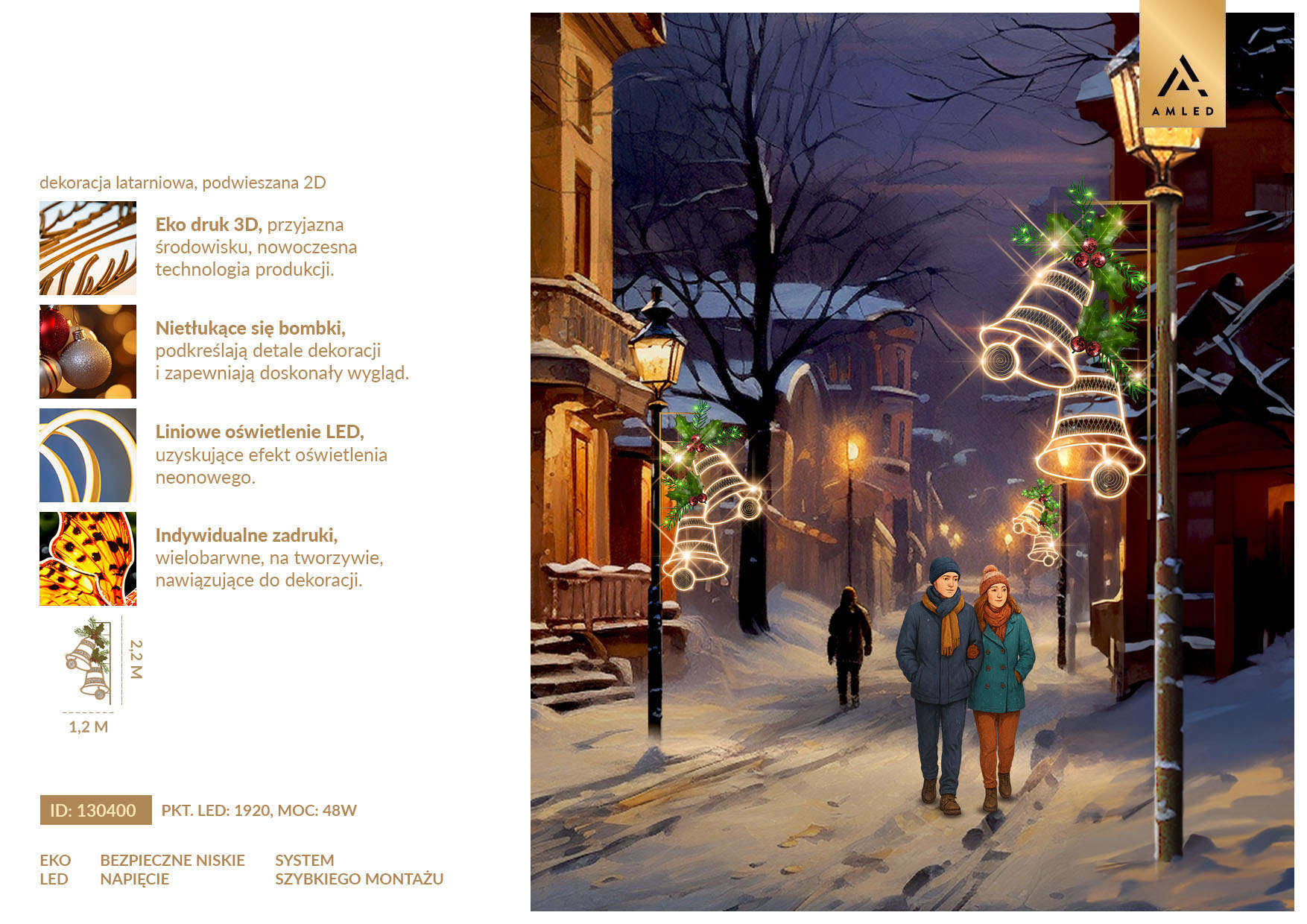 Infografika dekoracji latarniowej 2D z NEON LED – dzwonki z zielonymi gałązkami i czerwonymi bombkami, wykonane w technologii eko druku 3D, 1920 punktów LED, moc 48 W.