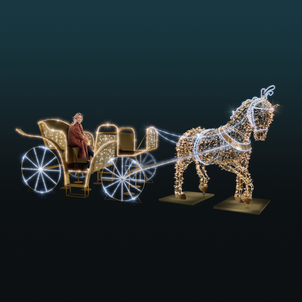 Iluminacja świąteczna Konna Dorożka 3D – złota dekoracja z koniem i pojazdem, 7,5 m długości, 4390 LED, 278 W, wykonana z aluminium, oświetlenie LED w ciepłej barwie.