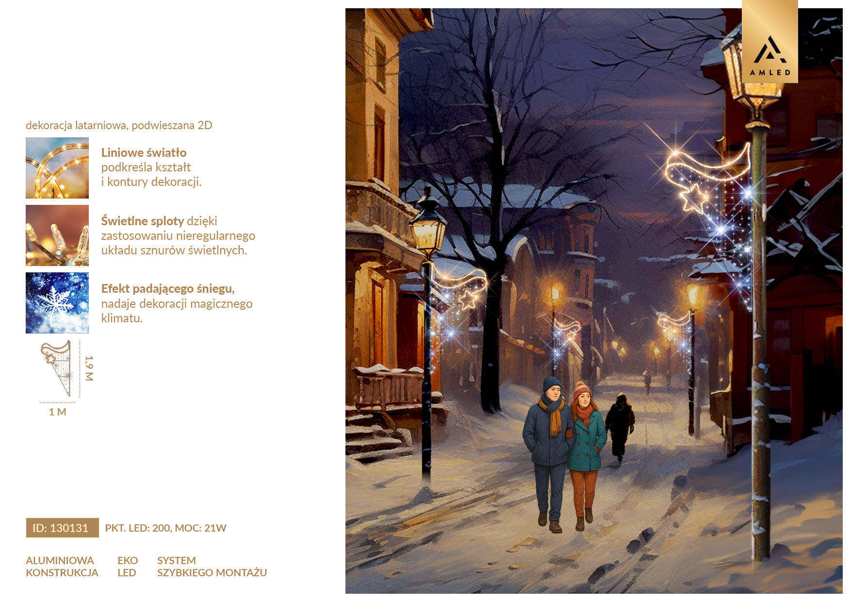 Dekoracja latarniowa LED Złota Gwiazdka 2D – świetlna kompozycja z motywem gwiazdy i złotej wstęgi, z efektem skrzącego śniegu, tworząca elegancki, zimowy klimat miejskiej iluminacji.