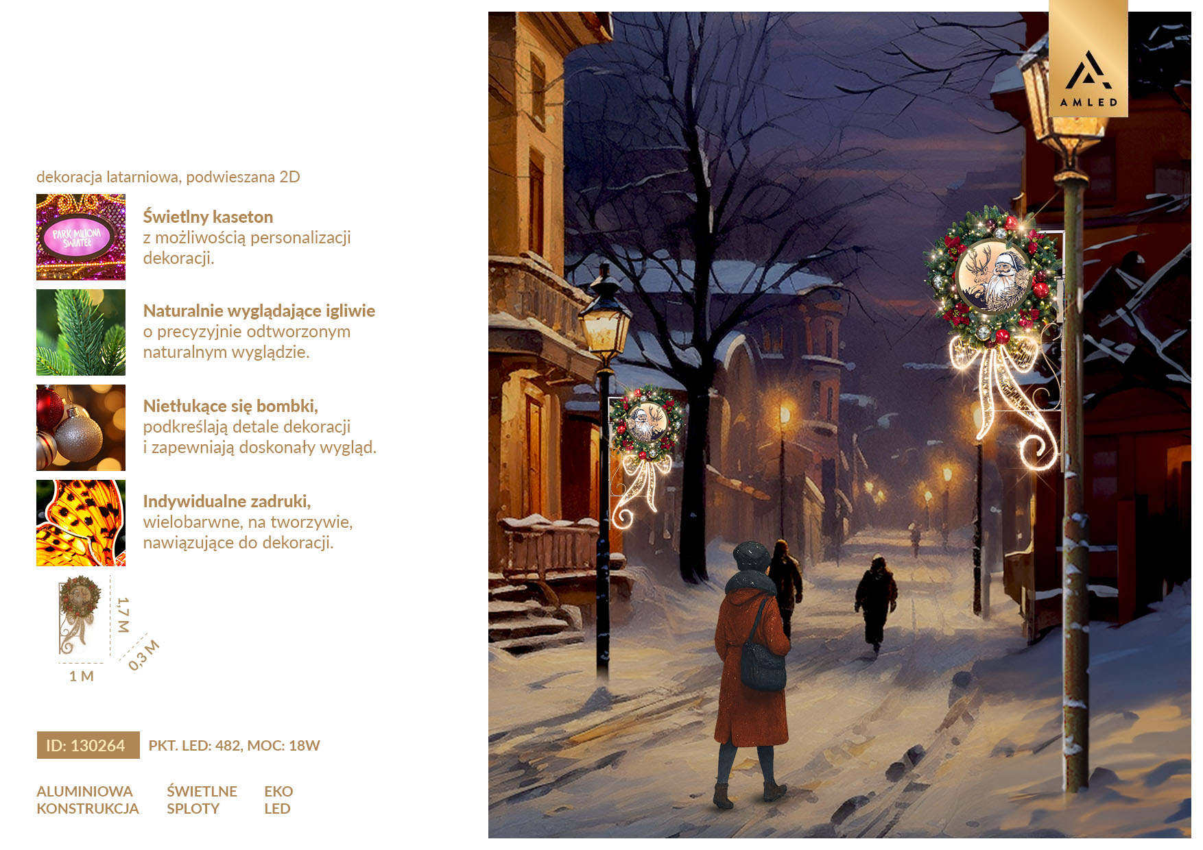 Dekoracja latarniowa LED Wieniec z Mikołajem 2D – świąteczna iluminacja z kasetonem, igliwiem i bombkami, tworząca ciepły, nostalgiczny klimat zimowego miasta.