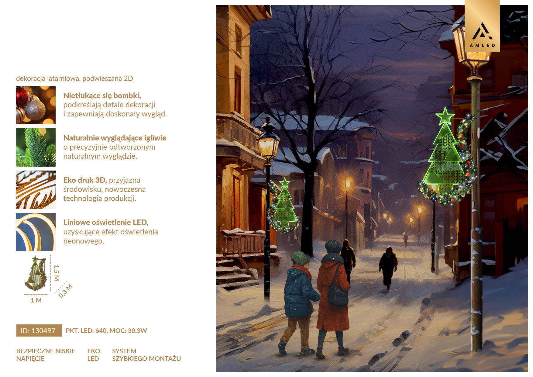 Dekoracja latarniowa LED Choinka Zielona 2D – zielona choinka z efektem neonowego światła, igliwiem i bombkami, rozświetlająca zimową ulicę ciepłym, świątecznym blaskiem.