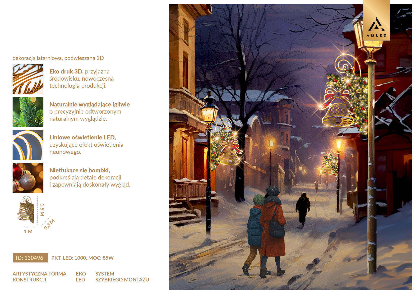 Świąteczna dekoracja LED Dzwonek z Zielonym Iglakiem – oświetlony dzwonek z kokardą i zielonym igliwiem, ozdabiający miejską ulicę w zimowej, świątecznej scenerii.