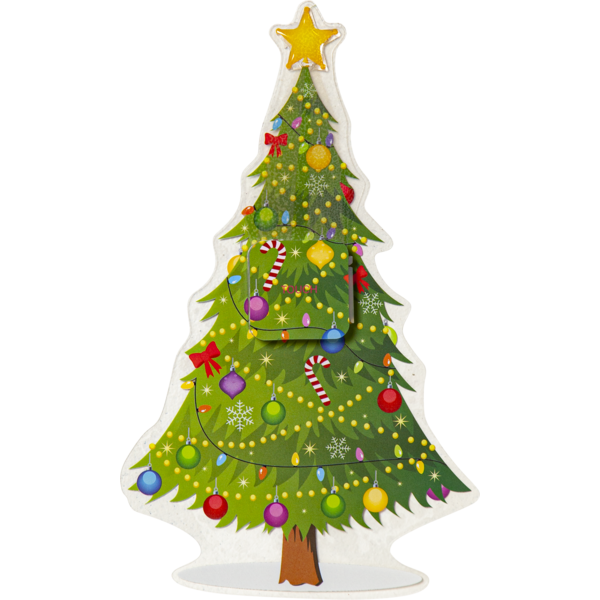 Dekoracyjna naklejka LED w formie kolorowej, ozdobionej choinki z gwiazdą na szczycie, pokazana na białym tle.