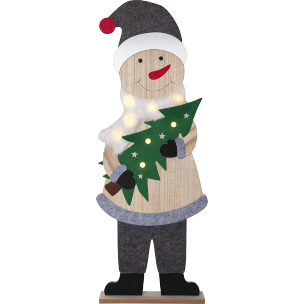 Drewniana figurka świąteczna LED – uśmiechnięty bałwanek w czapce trzymający zieloną choinkę, podświetlana ciepłym światłem, dekoracja na stół lub podłogę.